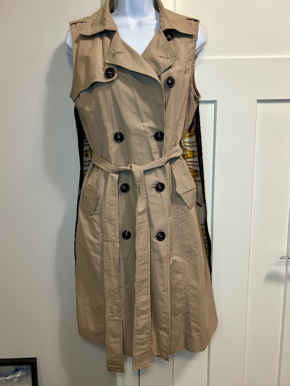 Atmosphere Long Sleeveless Double Breasted Trench Vest Tan Belted